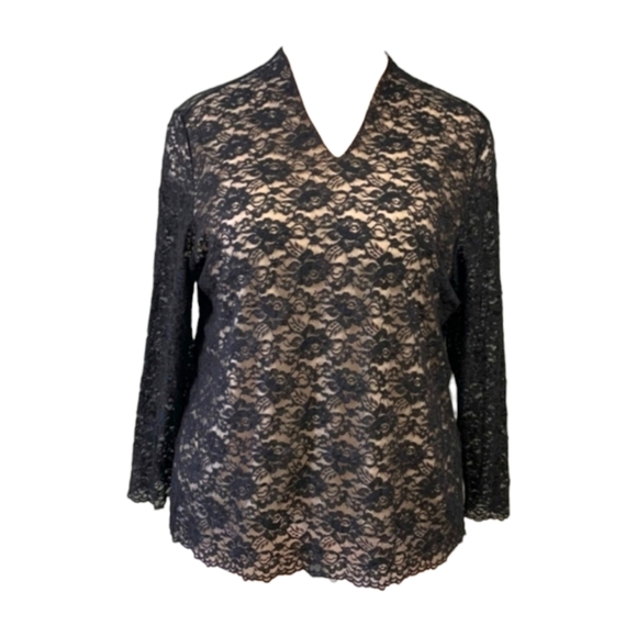 Dialogue Tops - NWT Dialogue Black Crochet Lace Overlay Nude Knit Top Long Sleeve V-neck Stretch